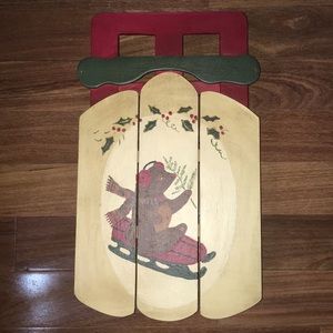 Vintage Christmas Teddy Bear Hand Painted Wooden Sled